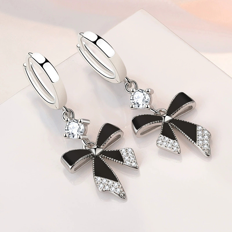 Tie Clip Silver - أقراط القوس الأسود نمط طويل متعدد